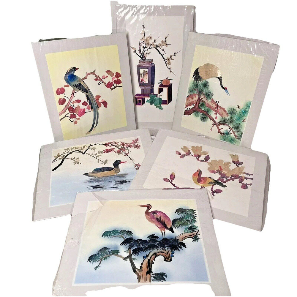 Vintage Asian Bamboo Straw Silk Art Pictures China PRC Wall Decor Set of 6